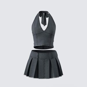 Finesse Ismay Denim Halter Top and Pleat Skirt, Large, Two Piece Set